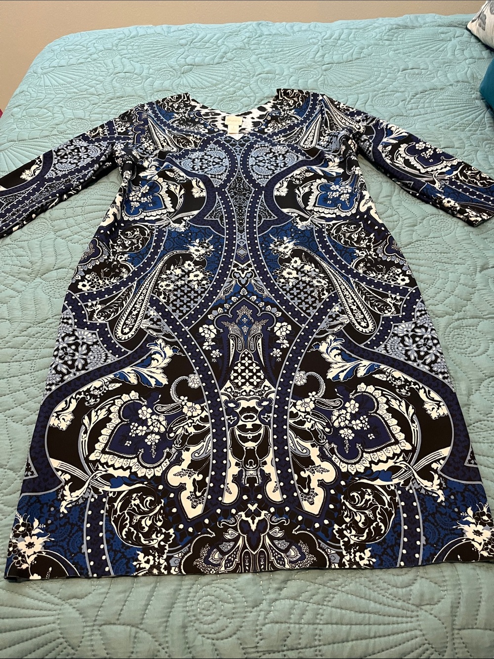 Chico's Navy, Royal Blue, Black and White Paisley-Print 3/4 Sleeve Dress